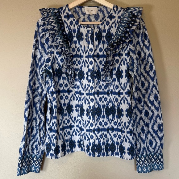 Sezane Blue White Black Button Front Ruffle Boby Blouse Size Medium - Picture 2 of 9
